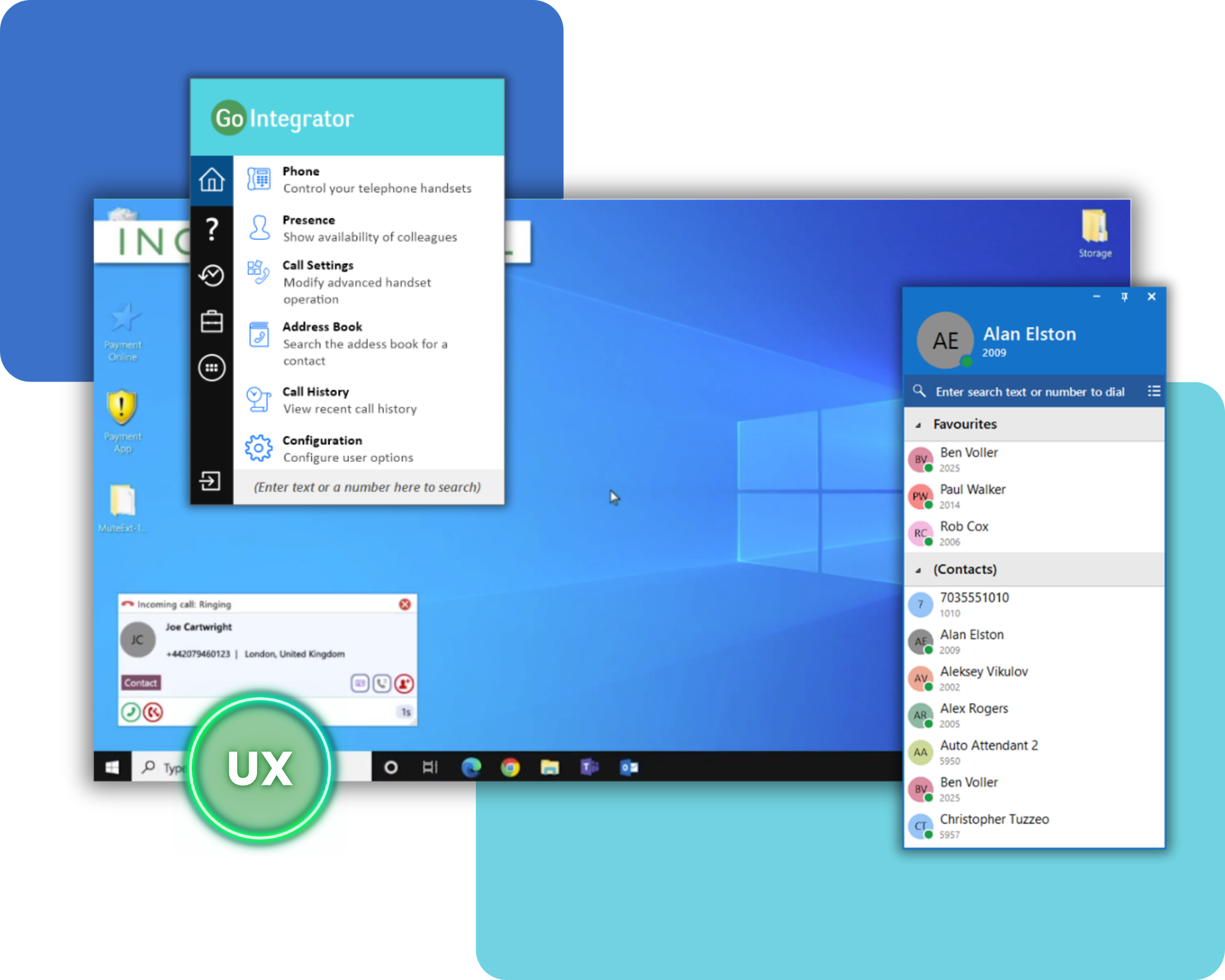 Collage of Windows desktop windows and a glowing UX badge labeled UX at the bottom left, symbolizing user experience design concept.