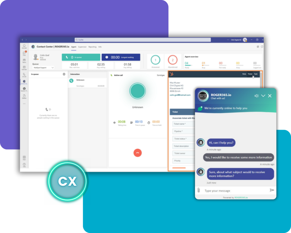Screenshot of a Roger365 contact center dashboard with queue metrics and a chat panel on the right.