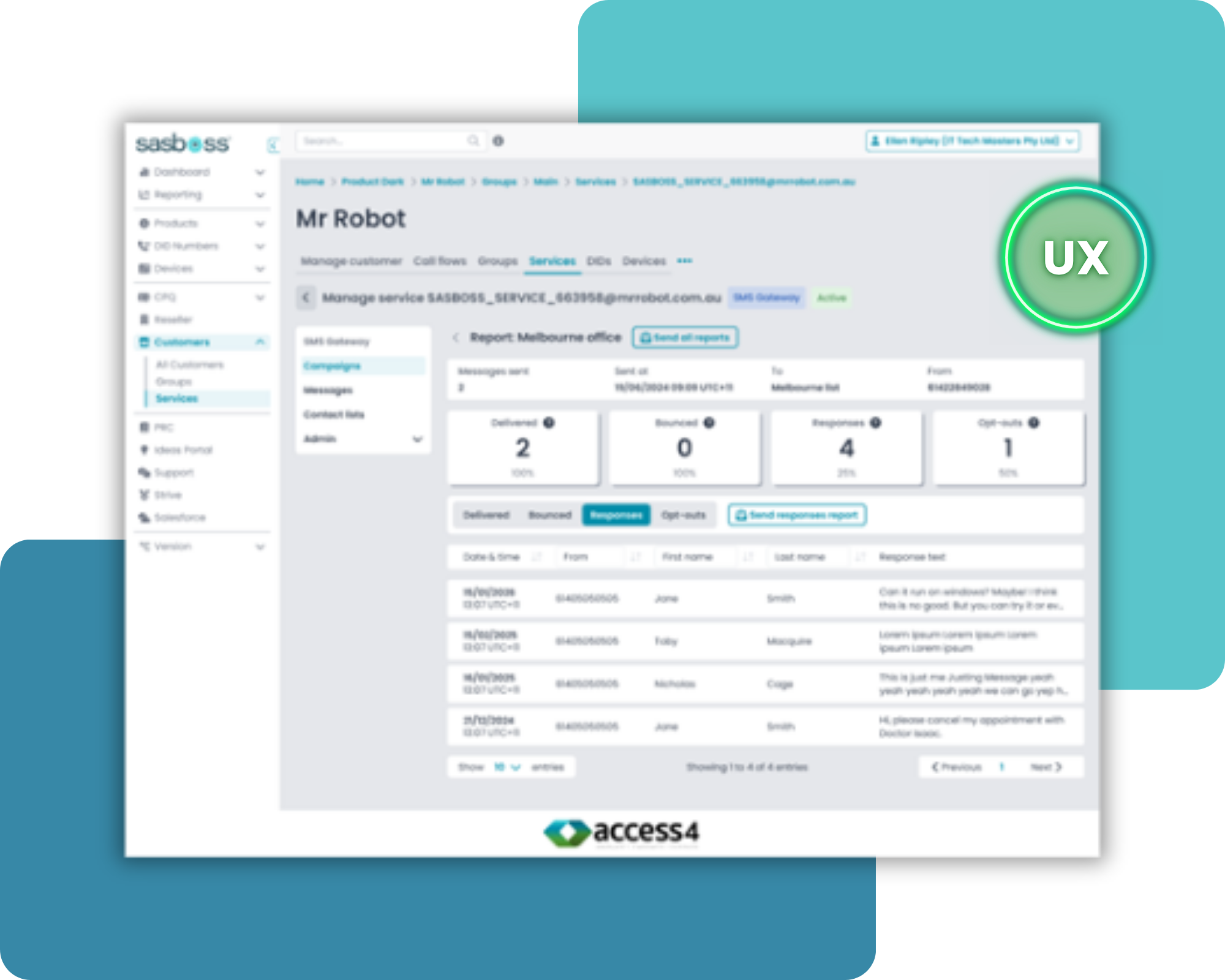 Blurred screenshot of a SaaS admin dashboard with a left navigation rail, breadcrumbs, and a main content area titled 'Mr Robot' with a green UX badge on the right.