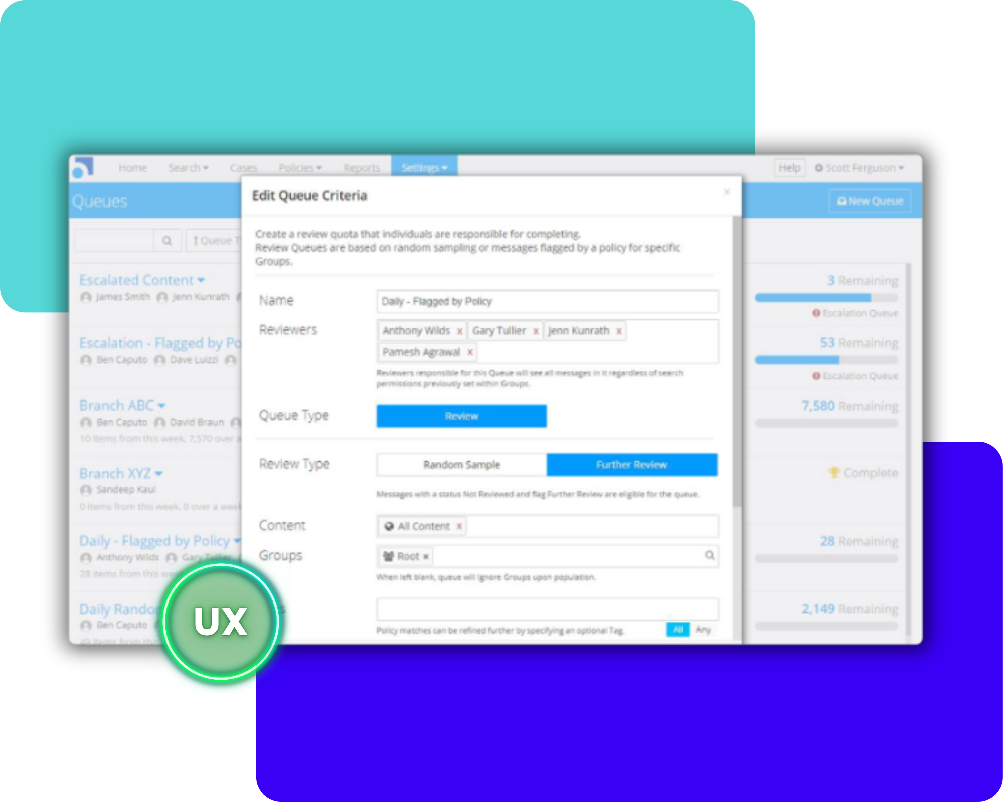 UI screenshot showing a modal titled 'Edit Queue Criteria' over a queue management dashboard with a blue header and 'New Queue' button