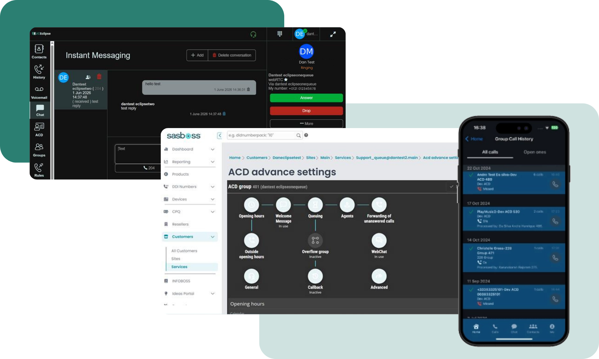 Collage of UI screens: instant messaging chat, admin dashboard, and a mobile app showing call history and settings