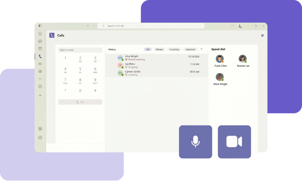 Screenshot of a Calls app UI showing a left dial pad, center call history, and a right ‘Speed dial’ panel with avatars.