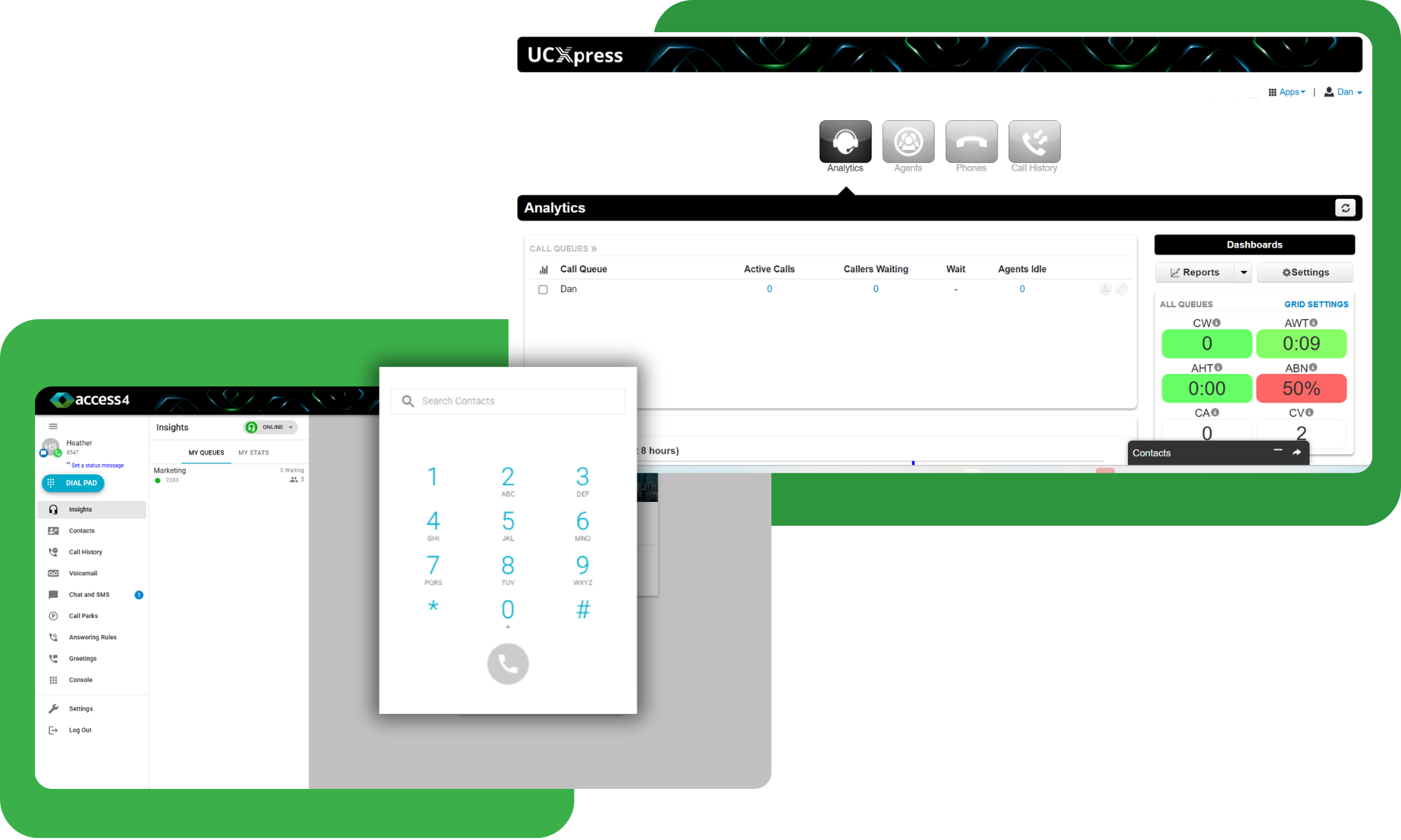 Collage showing a UCxpress Analytics dashboard with a right-side Dashboards panel, plus a mobile dialer and left-side app menu.