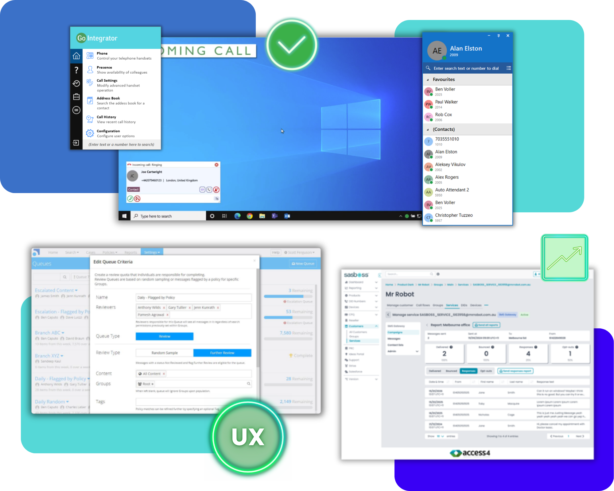 Collage of software dashboards and admin panels over a blue teal background with a prominent green 'UX' badge in the foreground.