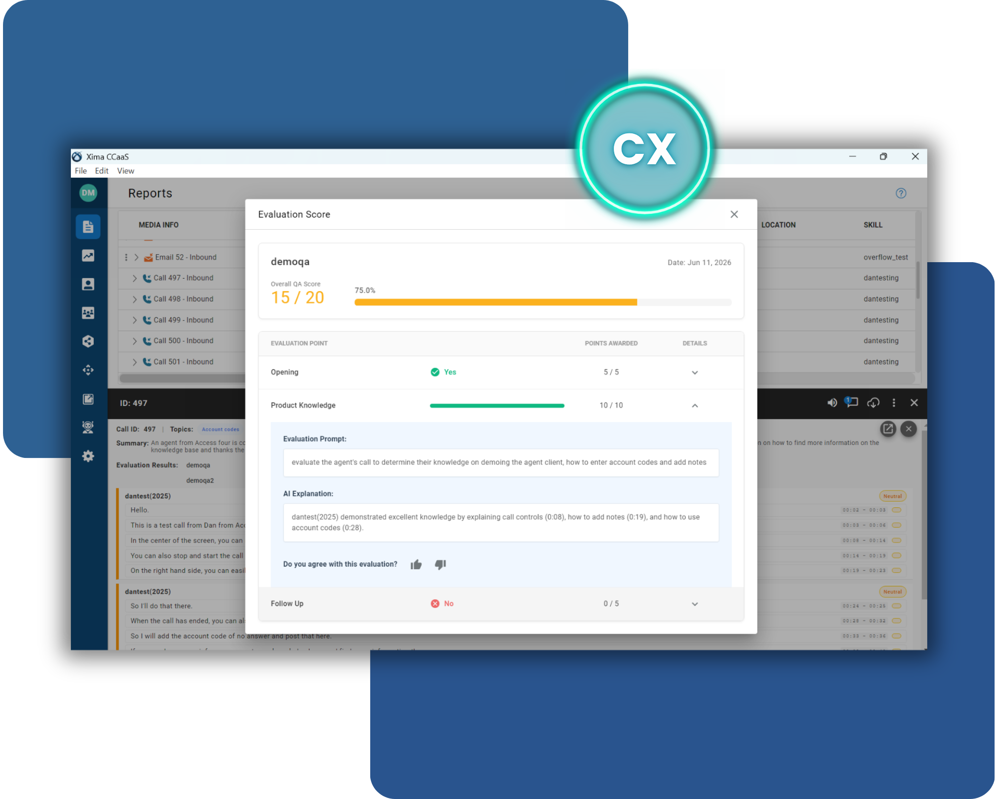 Neon CX badge floats over a software dashboard showing an Evaluation Score dialog with a progress bar on a blue background.