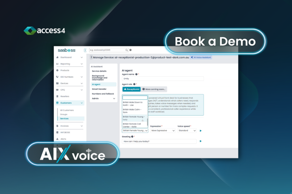 Promotional hero with Access4 logo, a product UI screenshot, and neon 'Book a Demo' and 'AI Voice' badges.