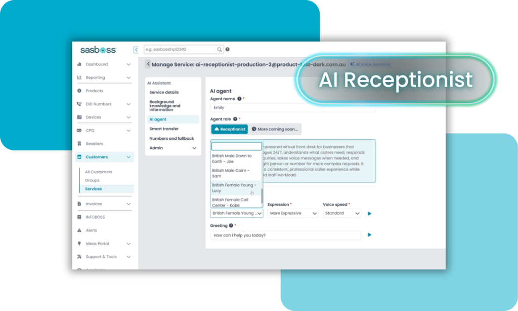 Admin dashboard for an AI receptionist service with a left navigation menu and agent settings.