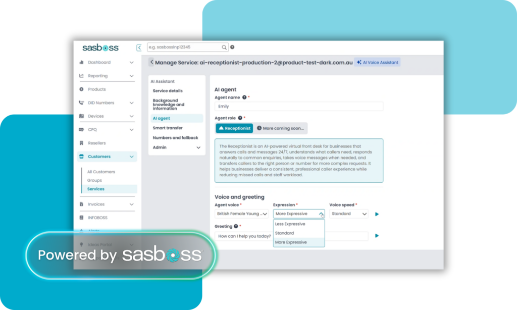 Screenshot of a SaaS admin dashboard showing 'Manage Service' for an AI receptionist, with left navigation and agent details at center