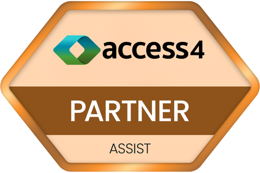 Access4 Partner badge with logo and the words 'PARTNER' and 'ASSIST' on a peach and brown hexagonal seal.