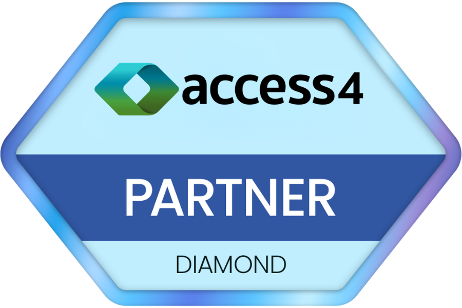 Access4 Diamond Partner badge featuring logo and PARTNER text on a blue hexagonal badge