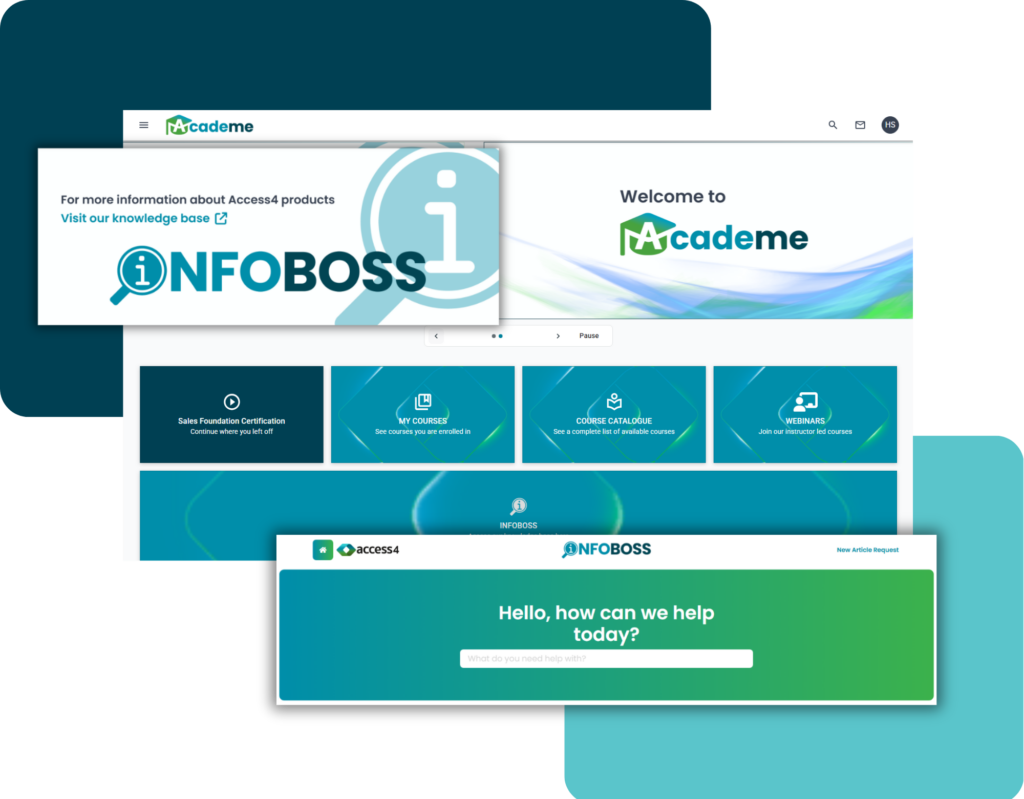 Overlapping banner showing INFOBOSS graphic over a white Academe homepage with 'Welcome to Academe' and colorful wave design (website collage).