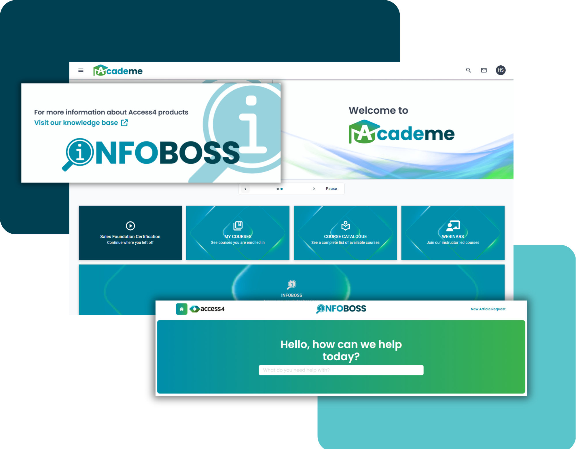 Overlapping banner showing INFOBOSS graphic over a white Academe homepage with 'Welcome to Academe' and colorful wave design (website collage).