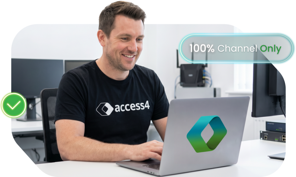 Man smiling at a laptop in an office, wearing an Access4 T‑shirt, with a bright green check badge in the corner and a '100% Channel Only' banner overlay.