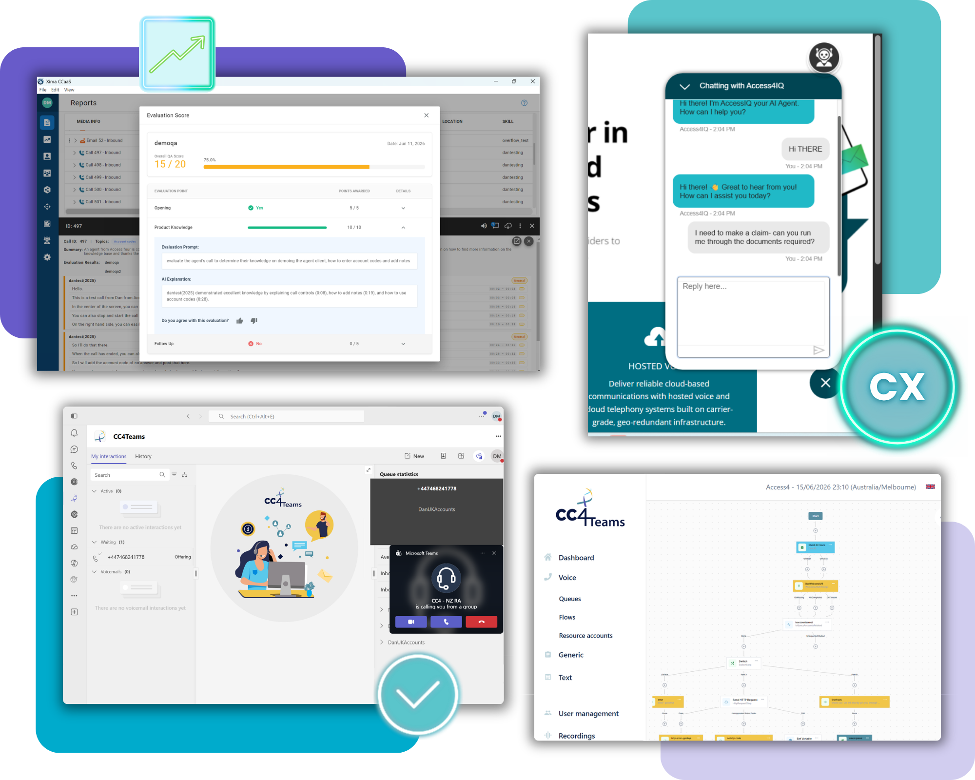 Collage of multiple software screenshots: dashboards, chat interface, and user collaboration tools over a colorful abstract background.
