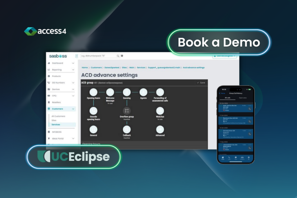 Hero banner with a neon-outlined 'Book a Demo' button, showing UC Eclipse and Access4 branding plus desktop/mobile interface screenshots.