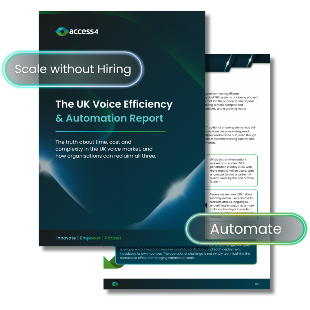 Cover page of a report titled 'The UK Voice Efficiency & Automation Report' with a neon 'Scale without Hiring' badge and Access4 logo.