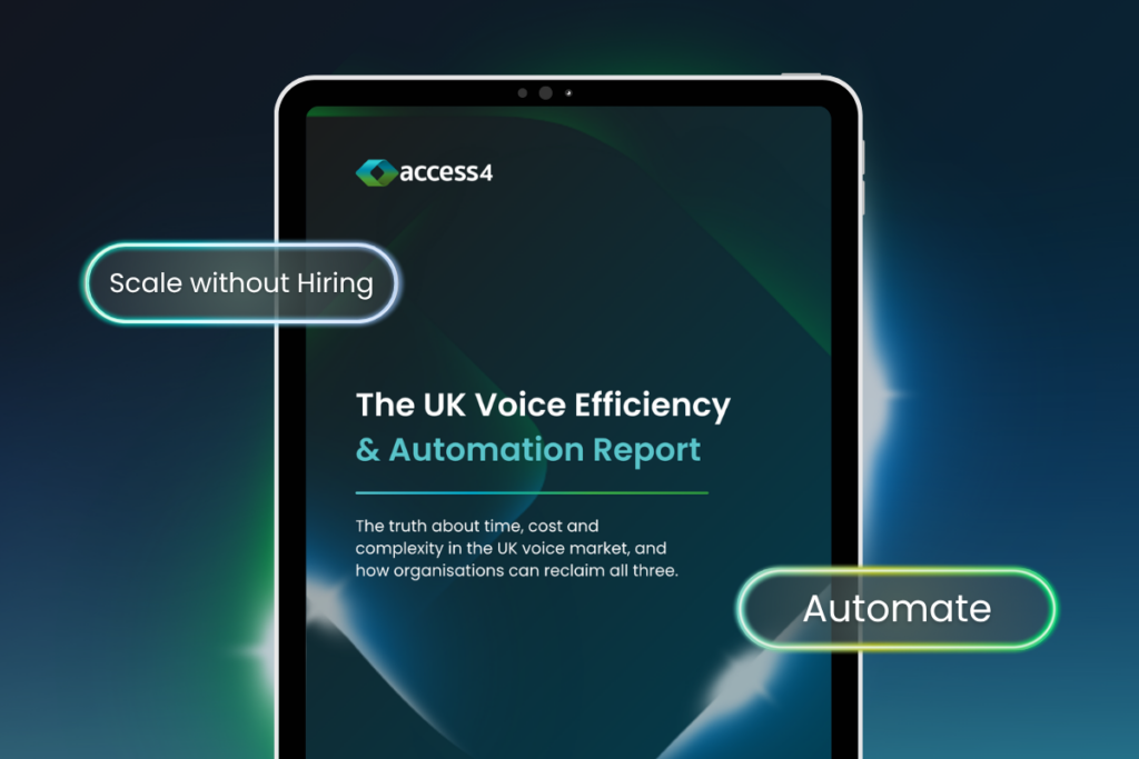 Tablet showing the report title 'The UK Voice Efficiency & Automation Report' with neon labels 'Scale without Hiring' and 'Automate'.