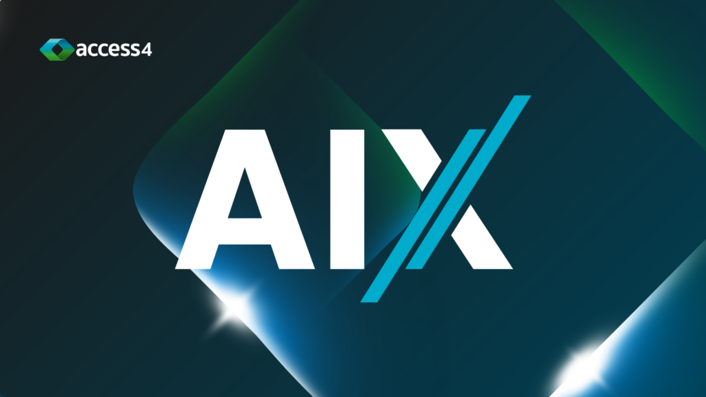 Access4 branding banner with a large white 'AIX' wordmark and teal diagonal accents on a dark geometric background, top-left logo visible.