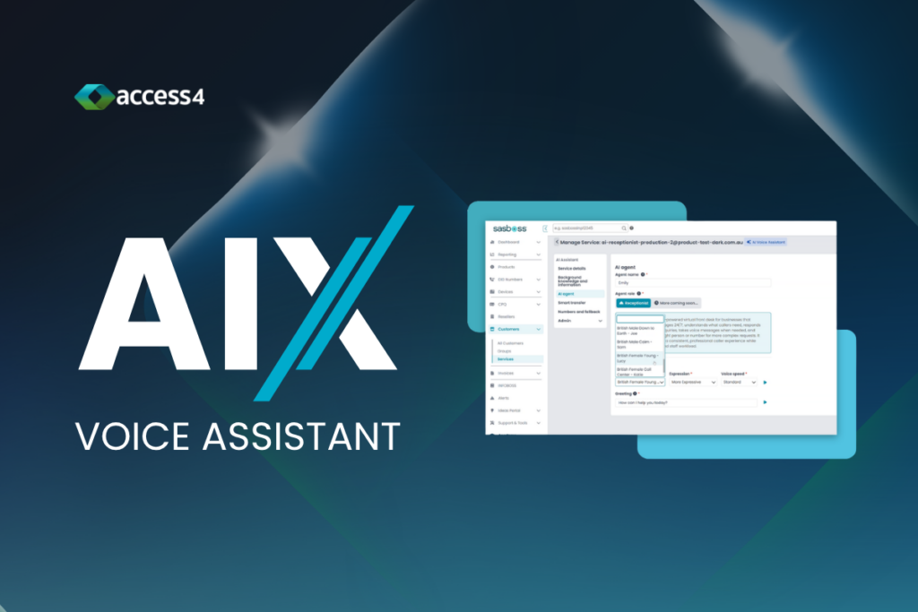 AIx Voice Assistant branding with the Access4 logo and a screenshot of the assistant UI on a dark blue geometric background.