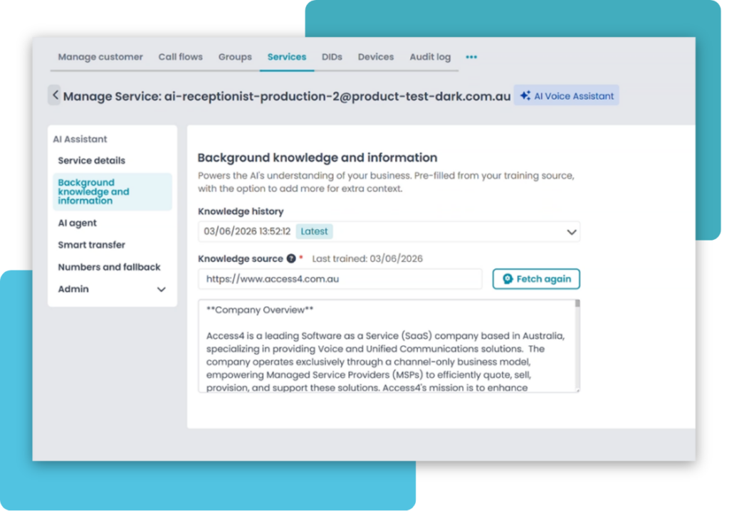 Screenshot of a web app: left navigation with AI Assistant options and a main panel titled 'Background knowledge and information', showing history date, knowledge source field with a Fetch again button, and a company overview text.