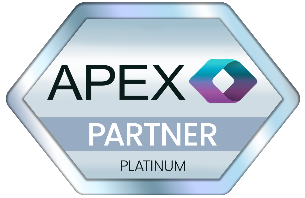 APEX Partner Platinum badge showing "PARTNER" with a gradient hex border and logo on light blue background, Platinum level badge