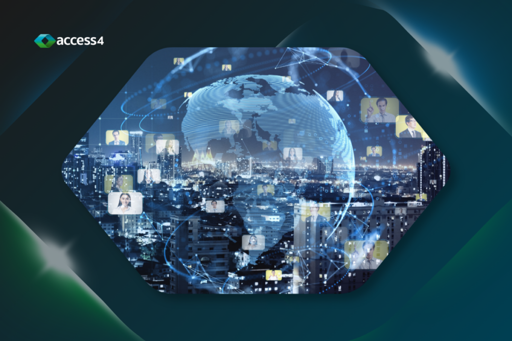 Global connectivity concept: a digital globe over a cityscape with floating user icons connected by networks, inside a rounded hex panel beside the Access4 logo.