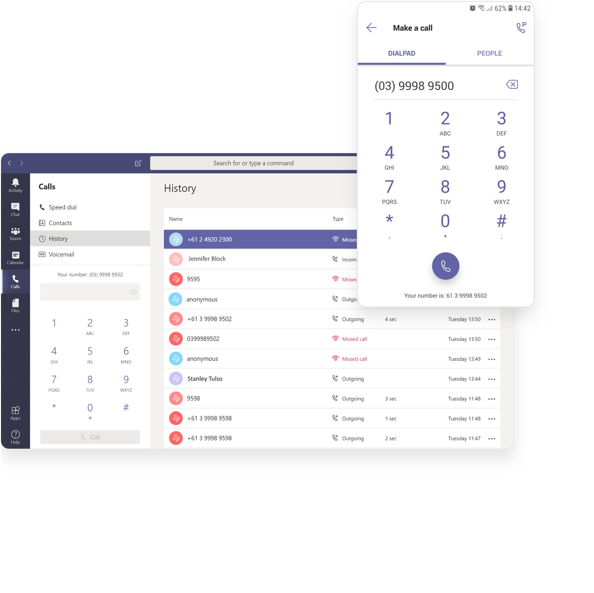 Screenshot of a phone dialer app showing history list on the left and a large dial pad overlay on the right with a 'Make a call' header and contact entries in the list